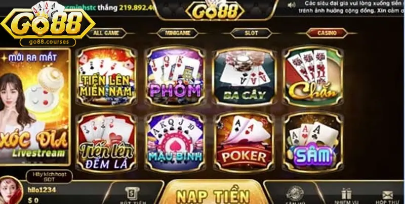 Trò chơi casino nổi bật nhất tại Go88 Courses